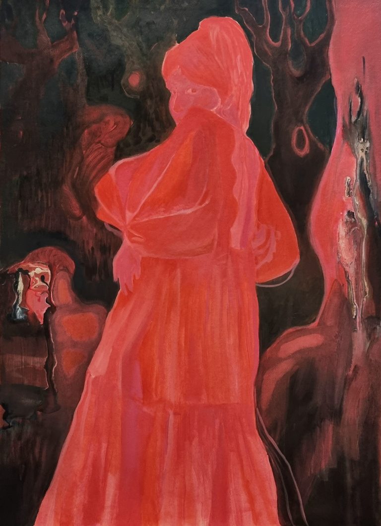 Painting of a woman in a red dress with a black background