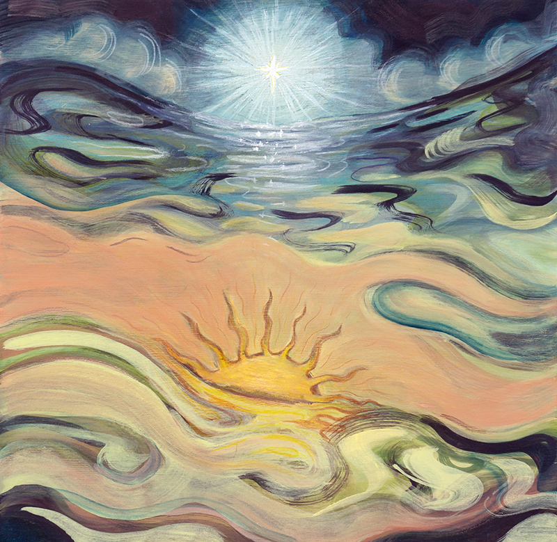 Cycles - Original painting by Sarah Hardy artist, waves of colour - peach, green, blue, a bright white star in the sky and a golden sun sinking into waves