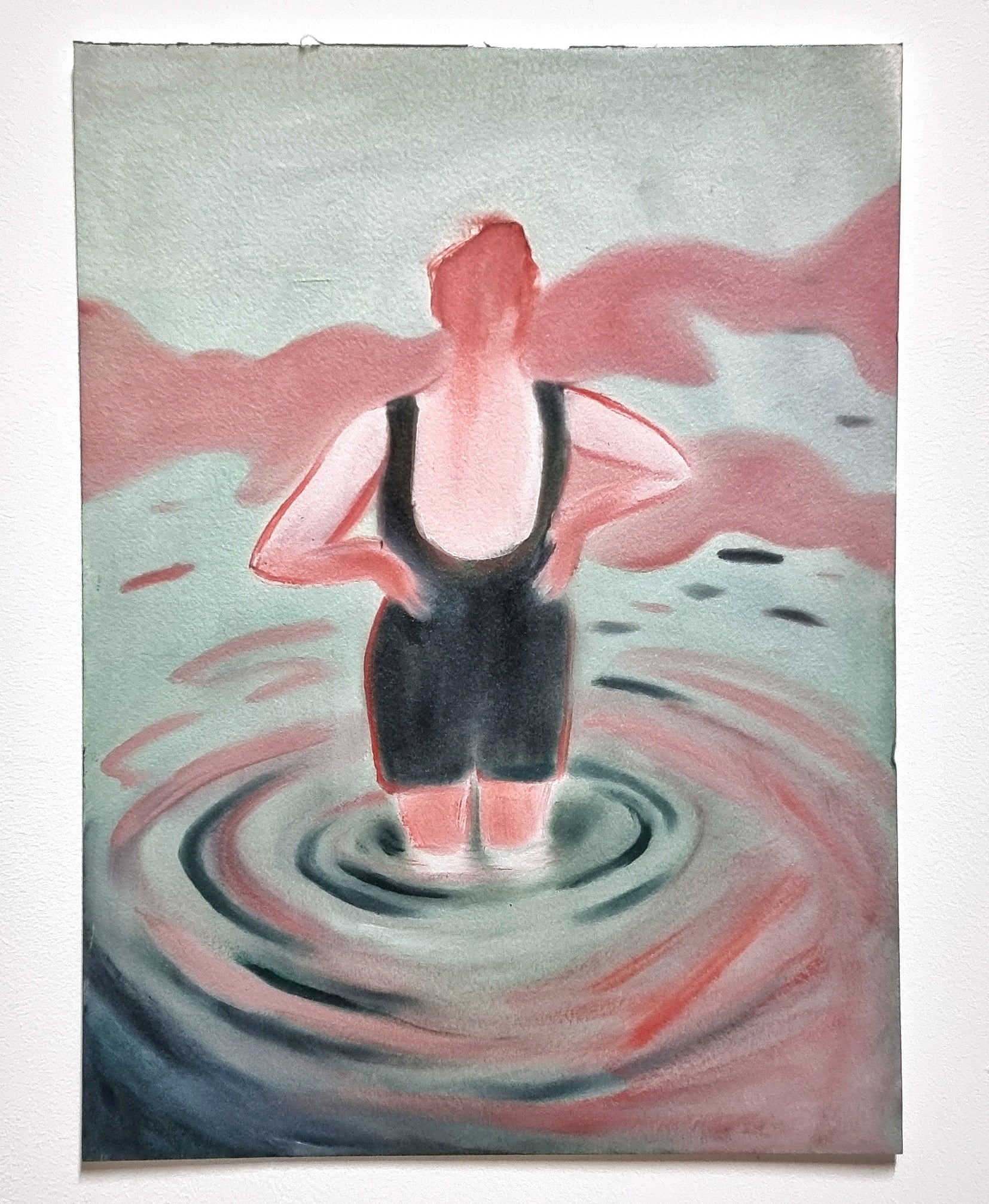 Painting of a woman with her back facing us, stood with hands on hips in green water. Red reflections, ripples