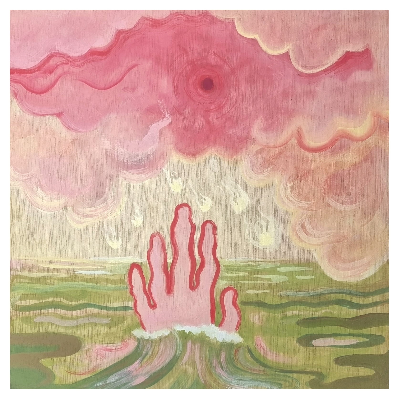 The Flood - Original painting by Sarah Hardy artist, showing a pink and red hand and sky, in a green sea, with pale yellow falling stars
