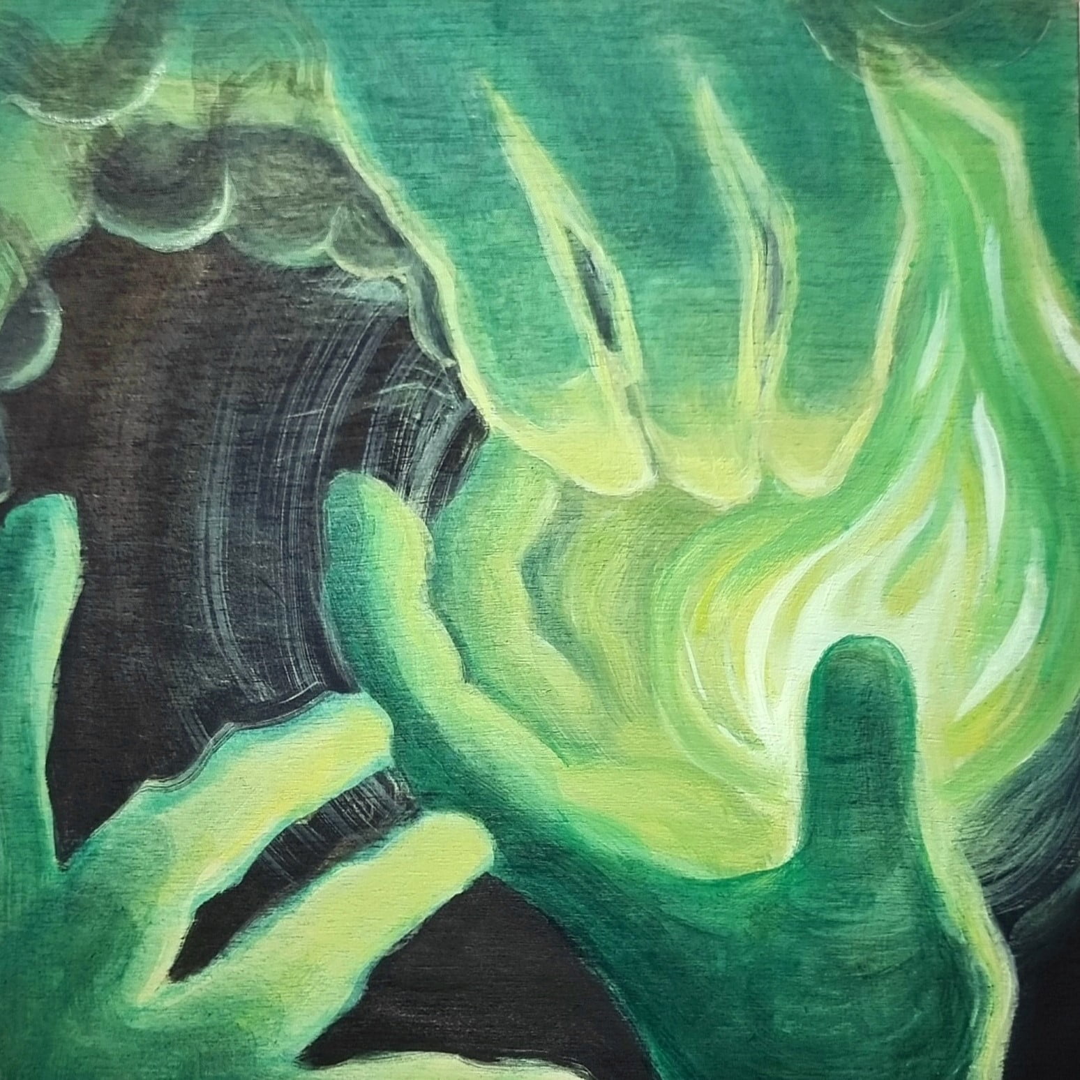 Small painting of green hands, backlit by a glowing green fire on a black background