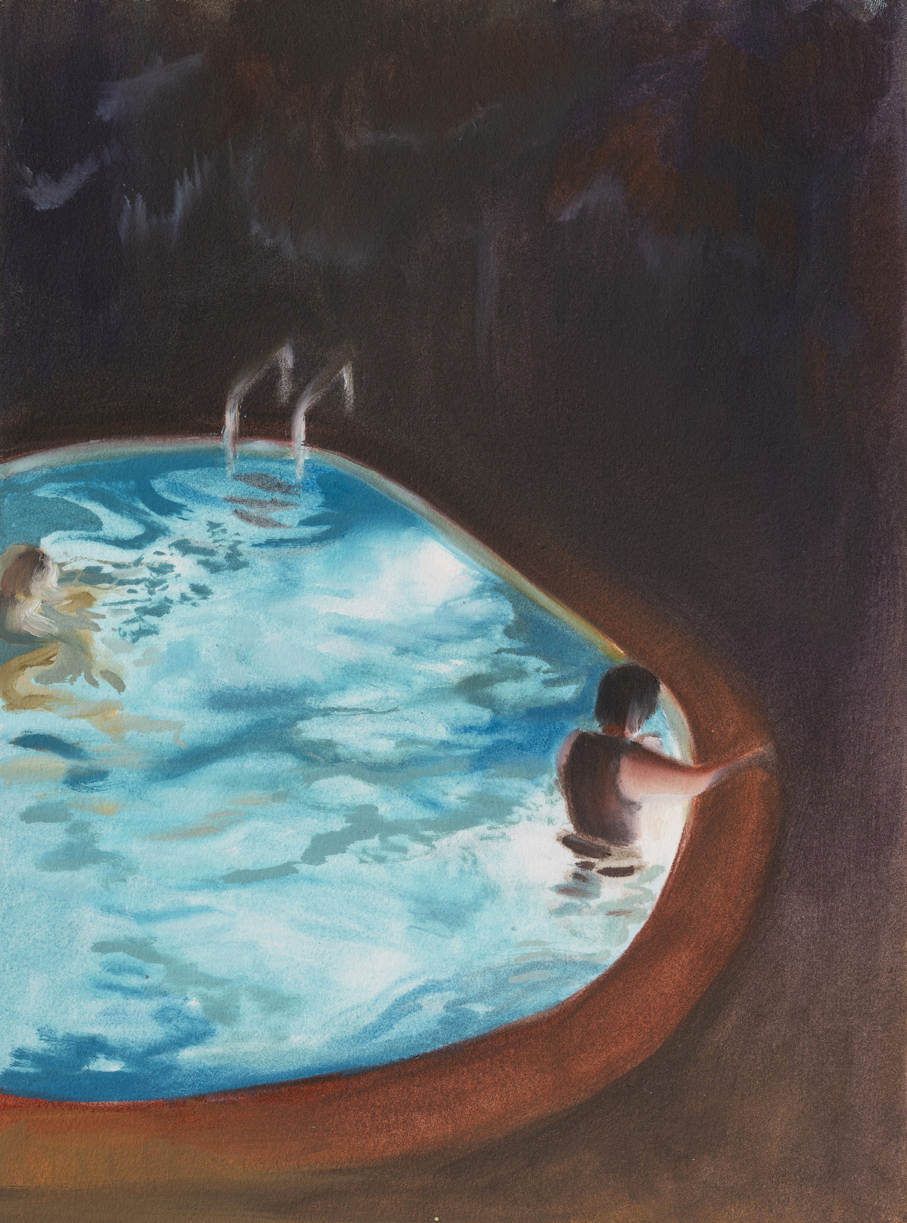 Night Pool - Dark painting with a bright blue swimming pool at night - by Sarah Hardy