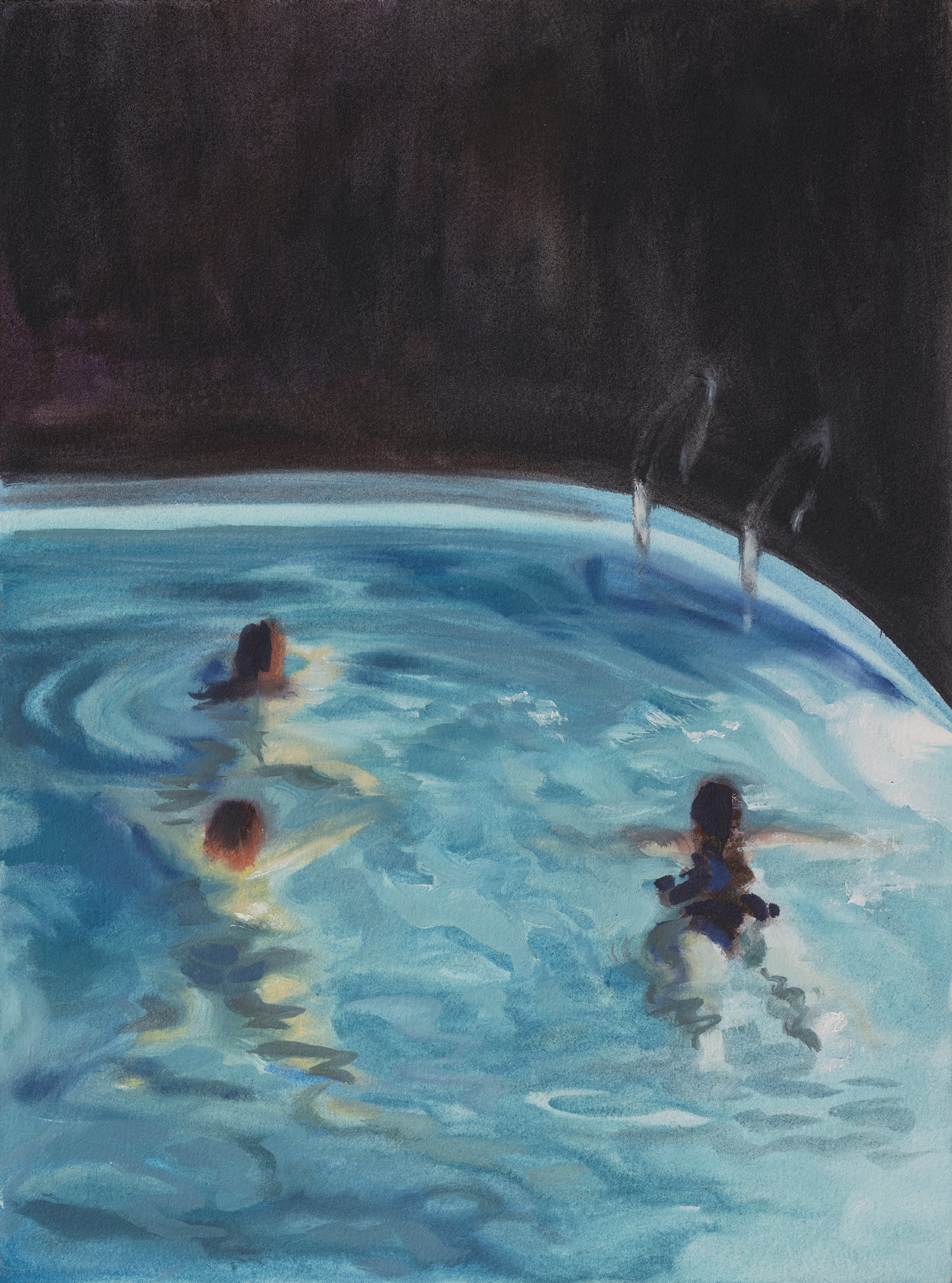 Night Pool 2 - Bright blue swimming pool with swimmers on a dark background - by Sarah Hardy